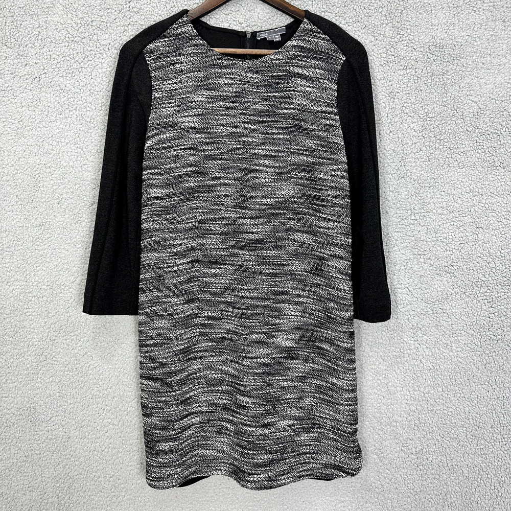 Vince Shift Dress Womens Small‎ Black Tweed Long Sleeve Wool Blend Mixed Media